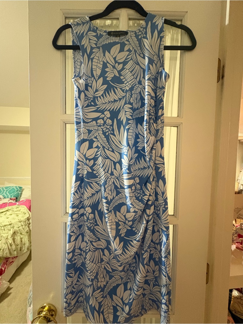 Brooks Brothers Blue & White Tropical-Leaf Sleeveless Dress